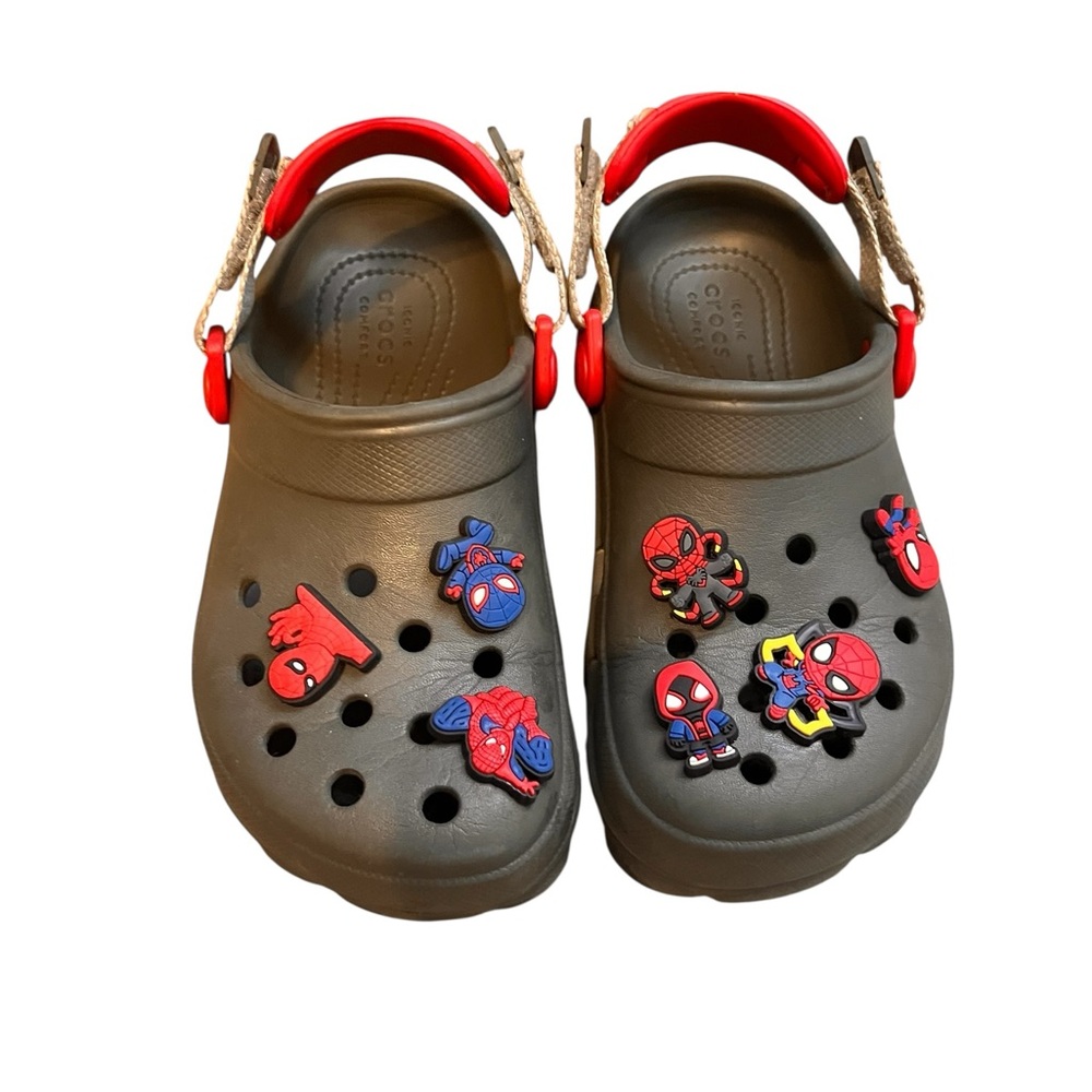 Kids Crocs Gray Clogs with Red Accents size 13
